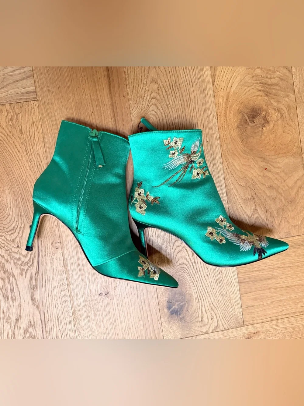 Zara Emerald Green Satin Embroidered Ankle Boots